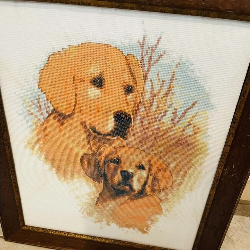 COPY - Vintage Homemade Needlepoint Dog & Pup Still Life Framed Wall Hanging 15…